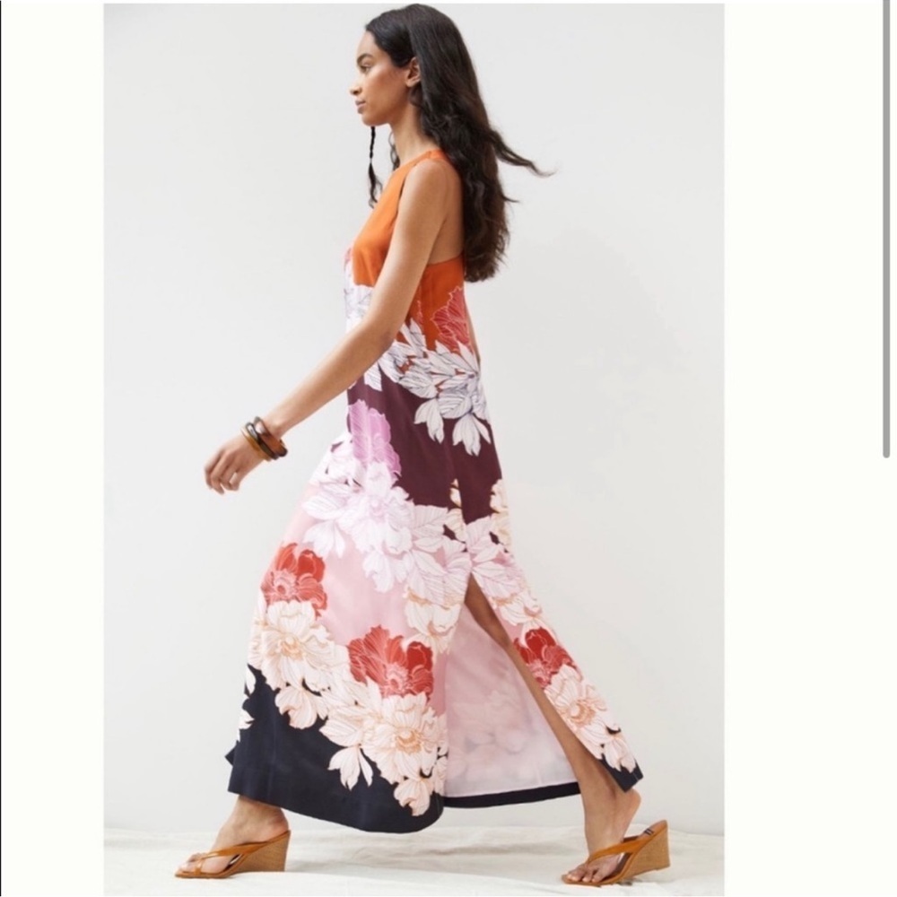 Anthropologie Maeve Maxi Dress Women’s XL Floral Twist Back Orange Slit Sides Q - Picture 2 of 11